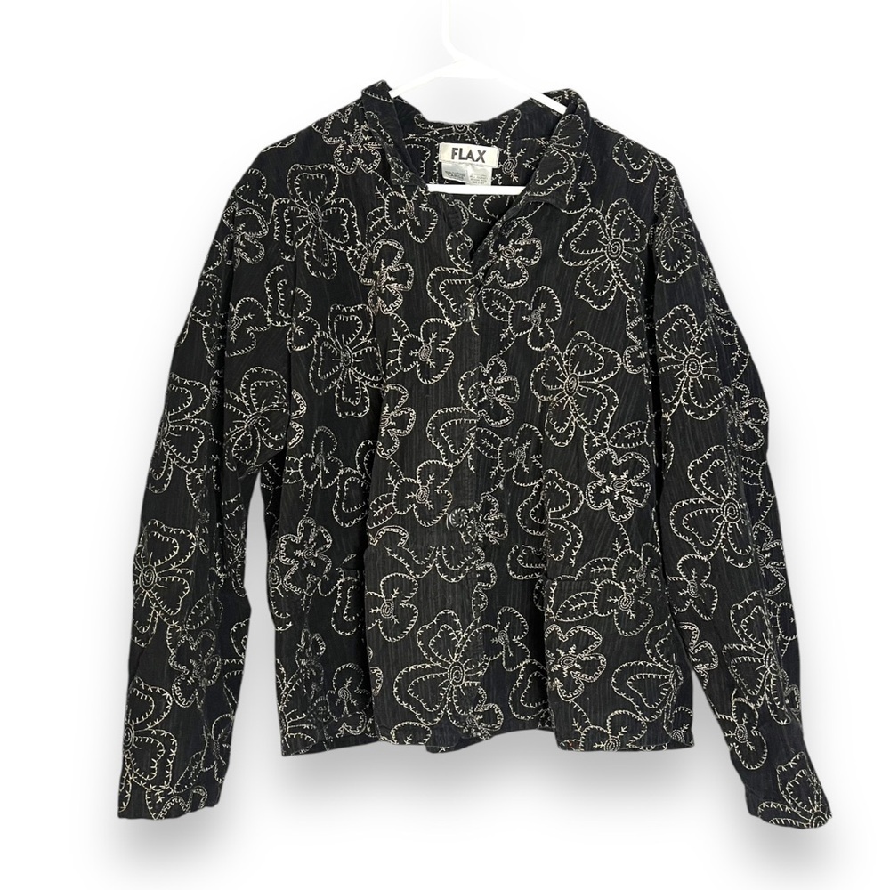 Flax Black Floral Embroidered Corduroy Jacket Blazer Lightweight Sz Large